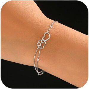 925 Sterling Silver Paw Print Heart Bracelet Dainty Pet Charm Adjustable